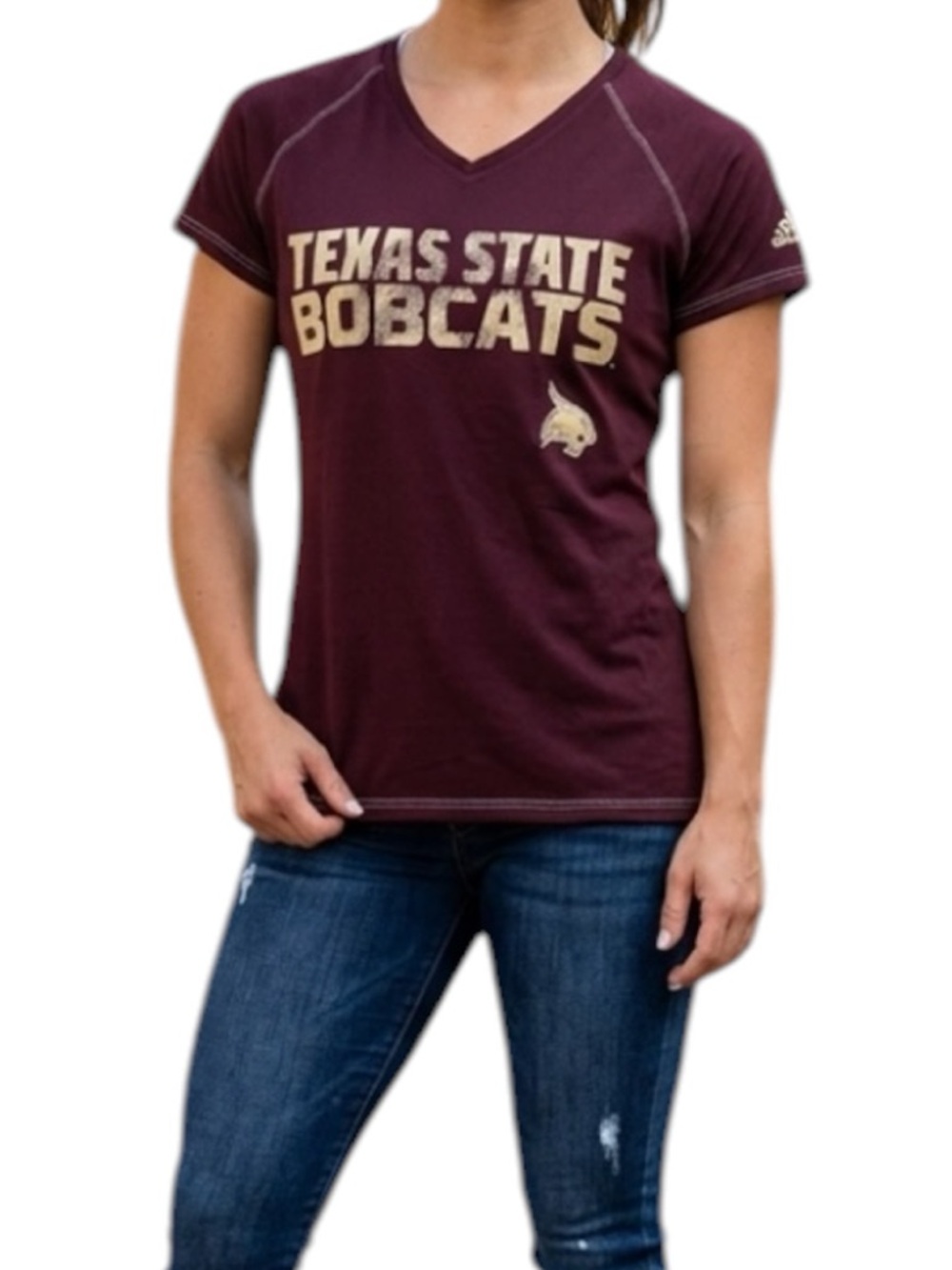 Adidas Texas State Maroon Bobcats Football V-Neck Short Sleeved T-Shirt Medium